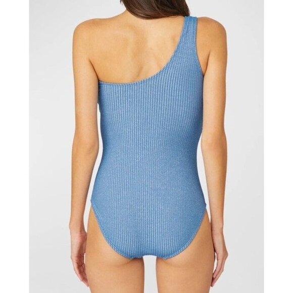 Shoshanna Sz 12 Swimsuit Ring One Shoulder One Piece Blue Silver Shimmer Preppy - Picture 2 of 7